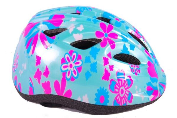 Volare Kinderfahrradhelm – XS – Blau-Rosa-Blumen – 47–51 cm – extra kleines Modell