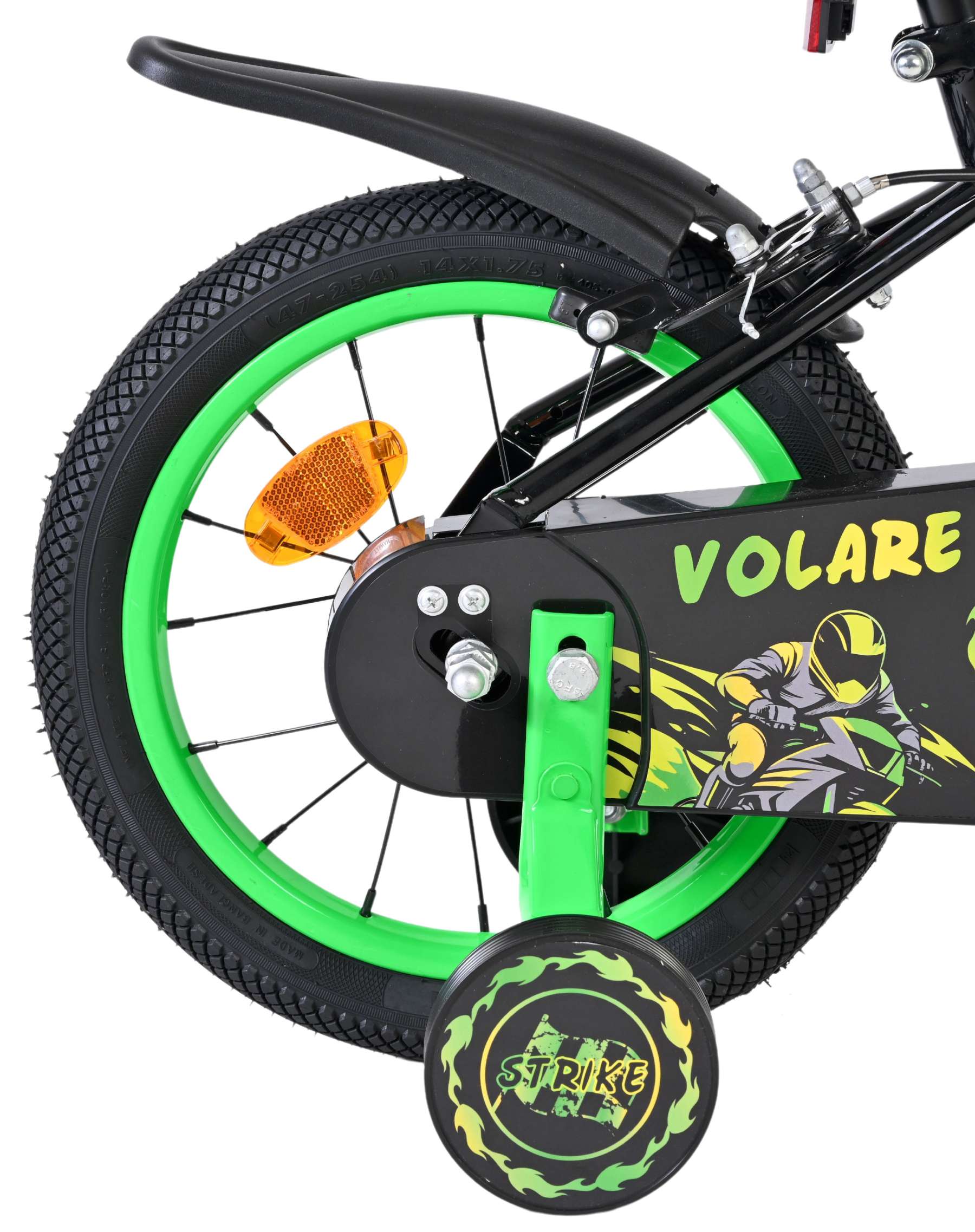 Volare Strike Kinderfahrrad - Jungen - 14 Zoll - Schwarz Grün - Zwei Handbremsen