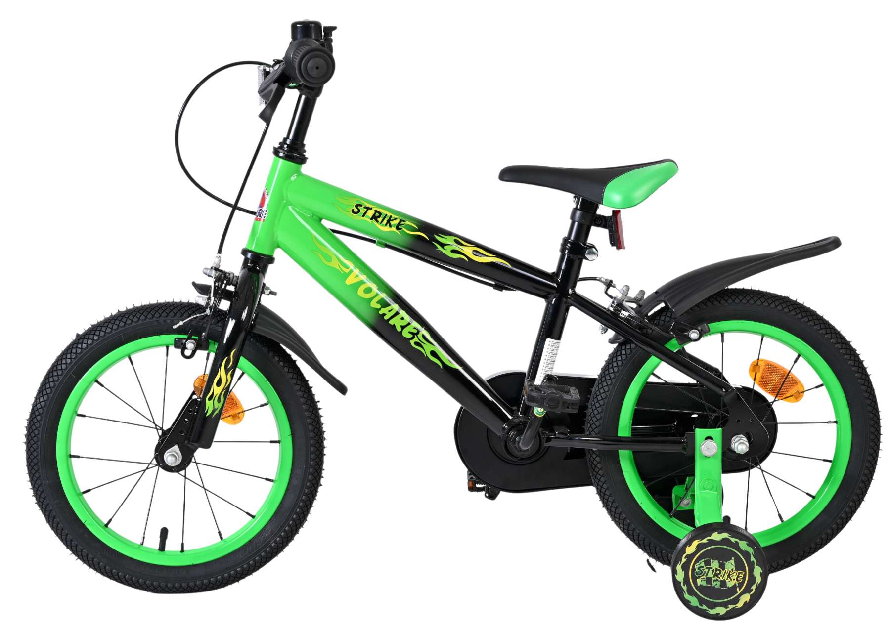 Volare Strike Kinderfahrrad - Jungen - 14 Zoll - Schwarz Grün - Zwei Handbremsen
