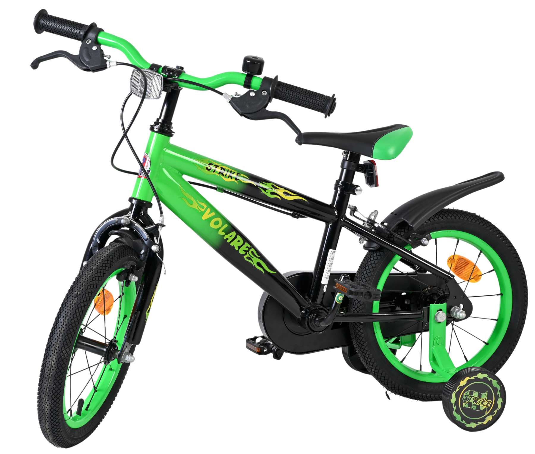 Volare Strike Kinderfahrrad - Jungen - 14 Zoll - Schwarz Grün - Zwei Handbremsen