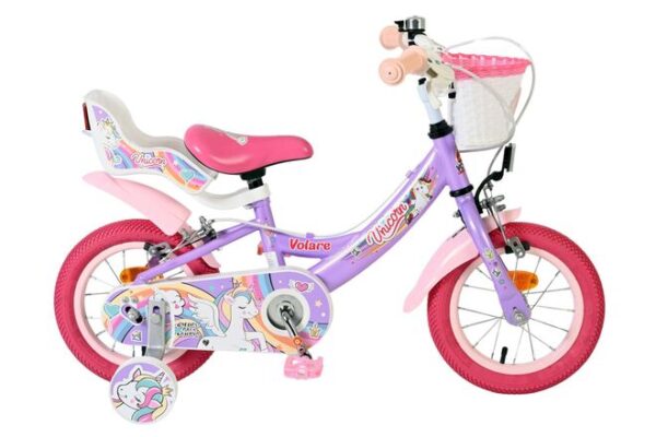 Volare Unicorn Kinderfahrrad - Mädchen - 12 Zoll - Lila - Zwei Handbremsen
