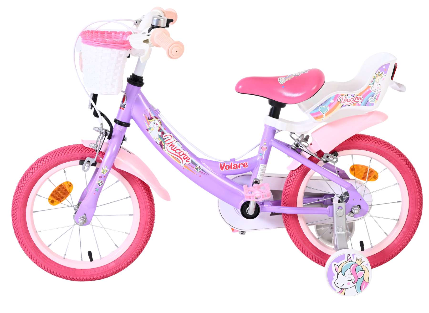 Volare Unicorn Kinderfahrrad - Mädchen - 14 Zoll - Lila - Zwei Handbremsen