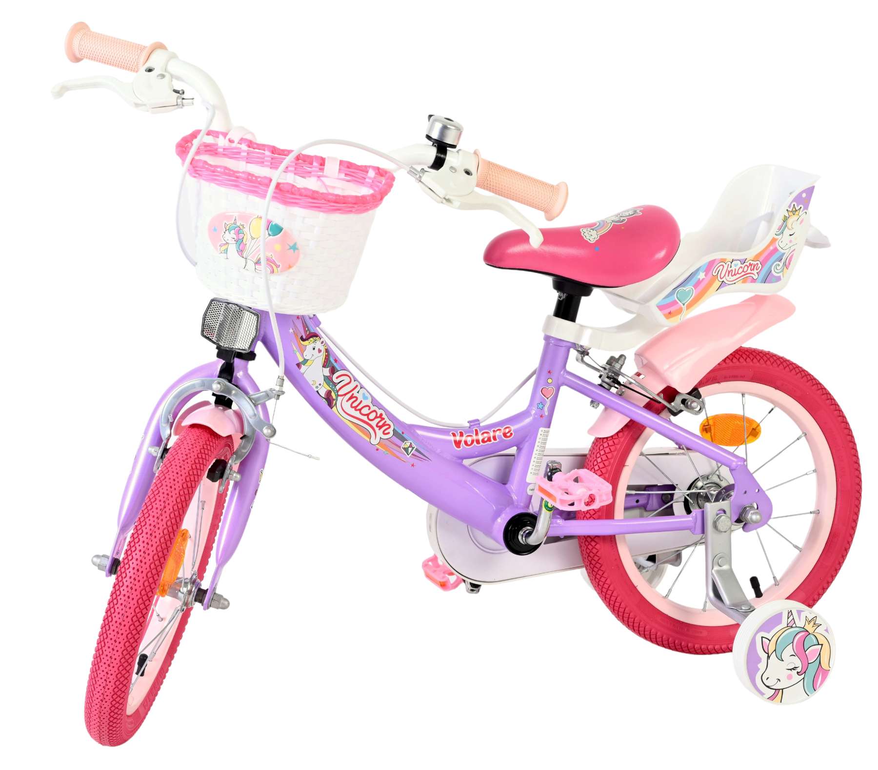 Volare Unicorn Kinderfahrrad - Mädchen - 14 Zoll - Lila - Zwei Handbremsen
