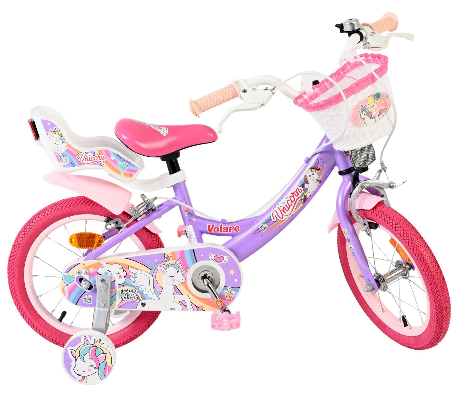 Volare Unicorn Kinderfahrrad - Mädchen - 14 Zoll - Lila - Zwei Handbremsen