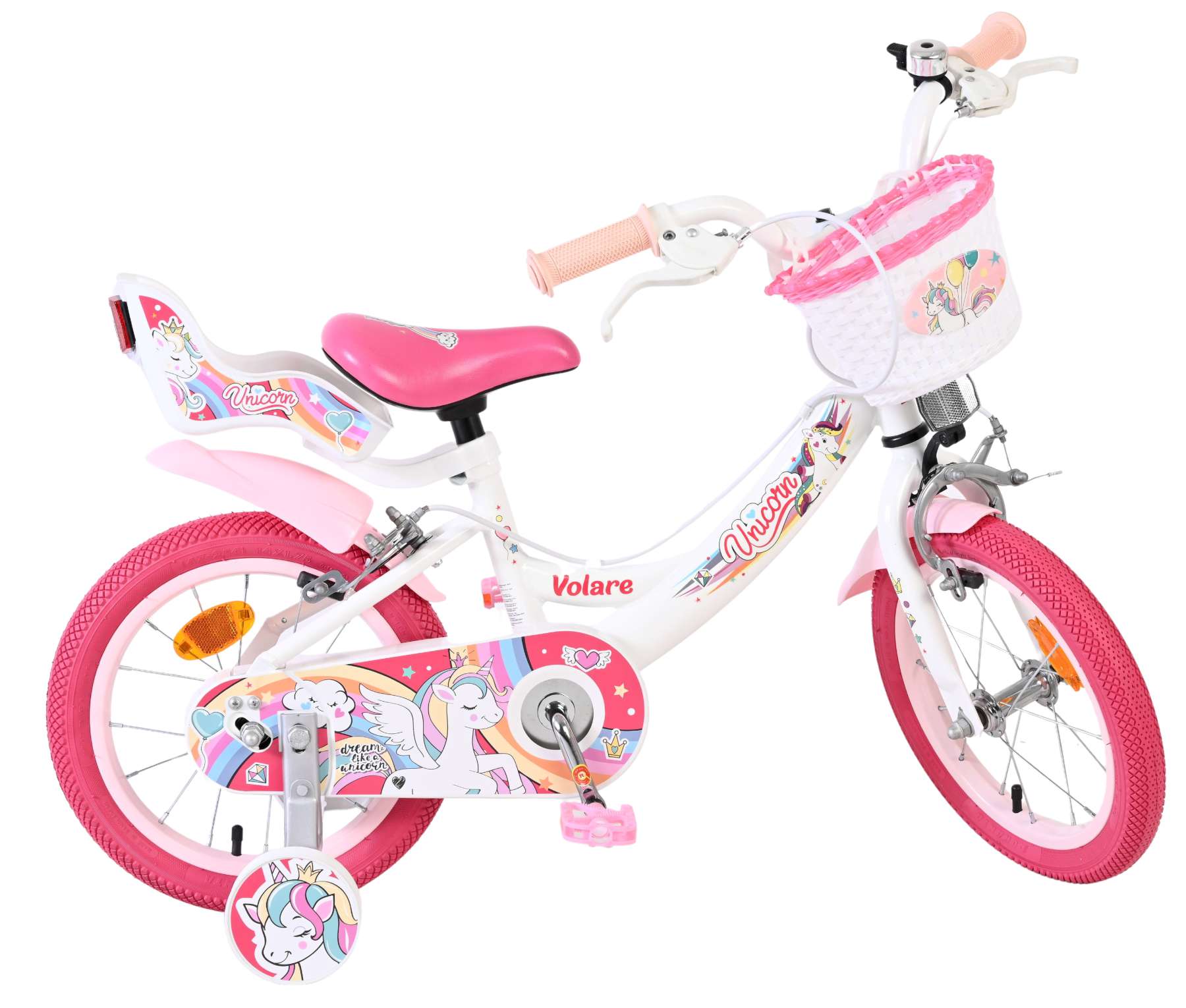 Volare Unicorn Kinderfahrrad - Mädchen - 14 Zoll - Weiß - Zwei Handbremsen