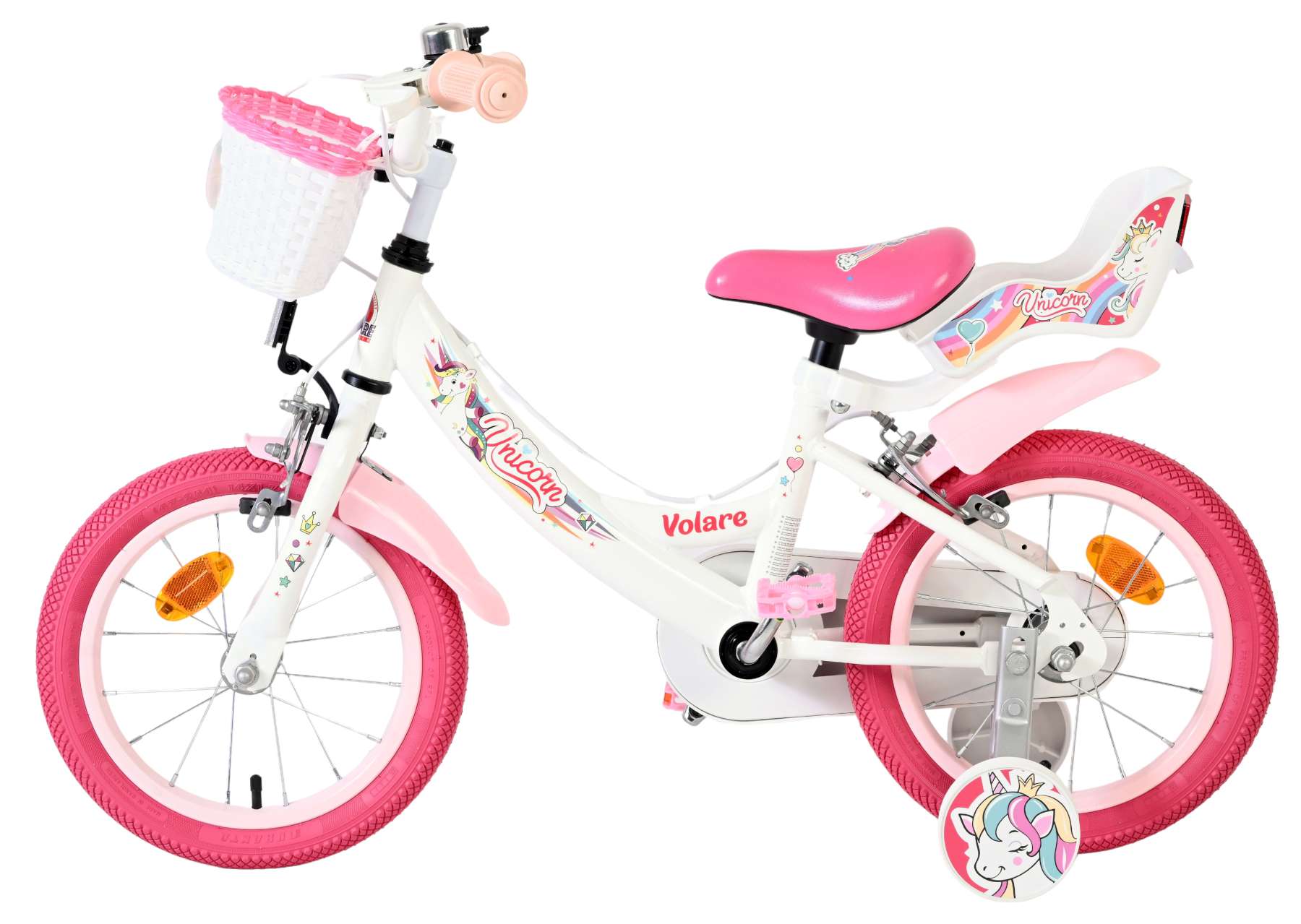 Volare Unicorn Kinderfahrrad - Mädchen - 14 Zoll - Weiß - Zwei Handbremsen