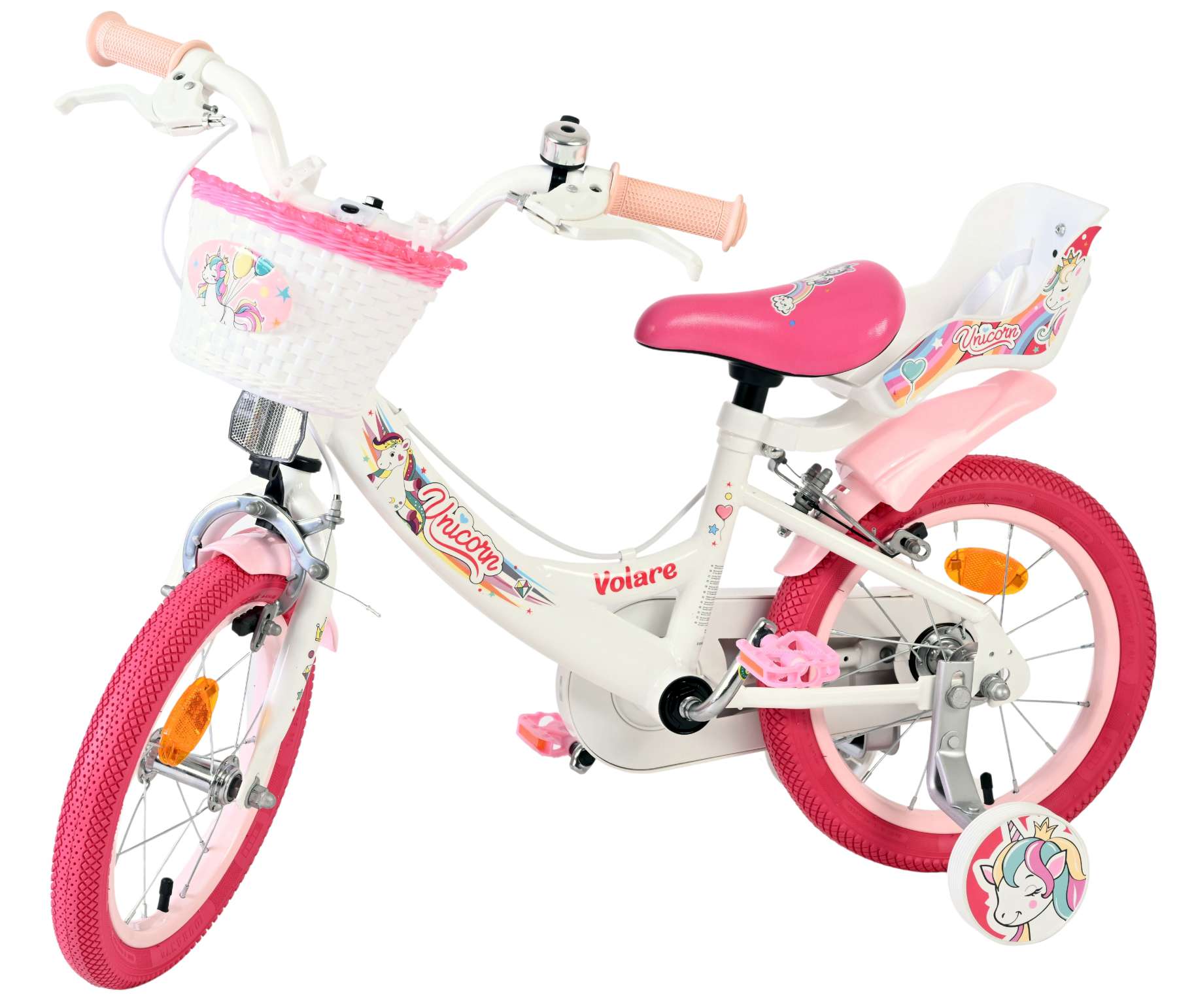 Volare Unicorn Kinderfahrrad - Mädchen - 14 Zoll - Weiß - Zwei Handbremsen