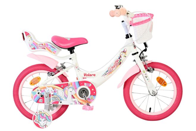 Volare Unicorn Kinderfahrrad - Mädchen - 14 Zoll - Weiß - Zwei Handbremsen