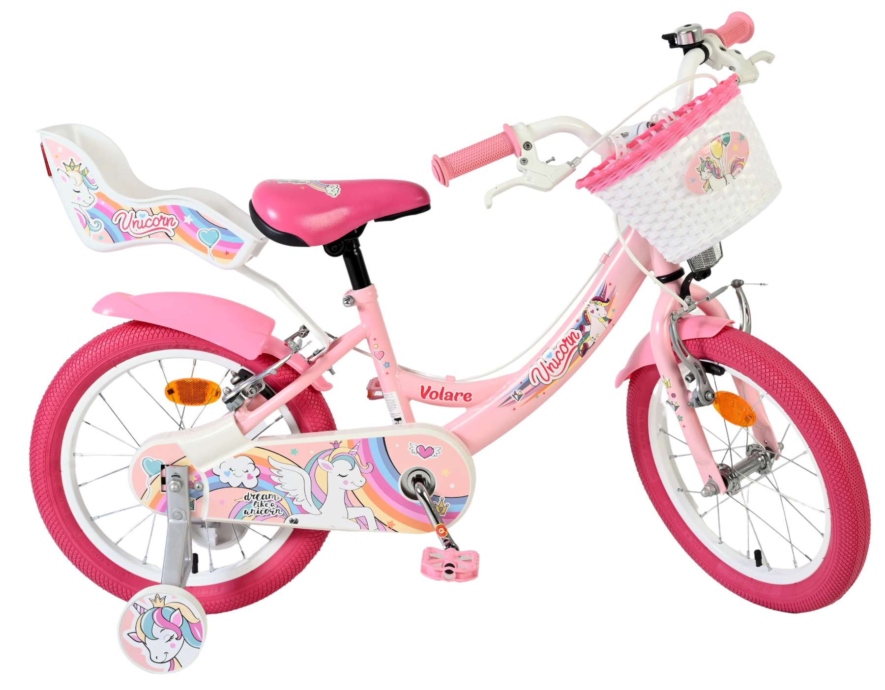 Volare Unicorn Kinderfahrrad - Mädchen - 16 Zoll - Rosa - Zwei Handbremsen