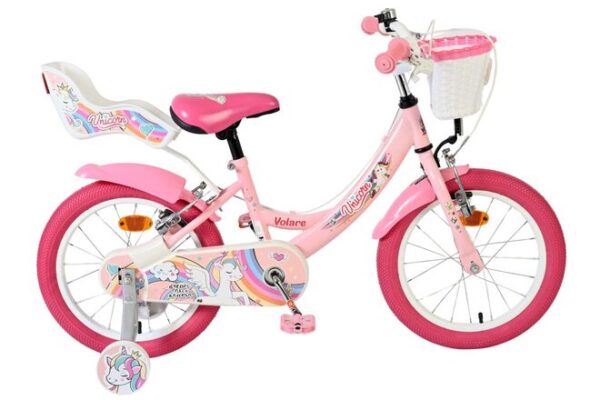 Volare Unicorn Kinderfahrrad - Mädchen - 16 Zoll - Rosa - Zwei Handbremsen